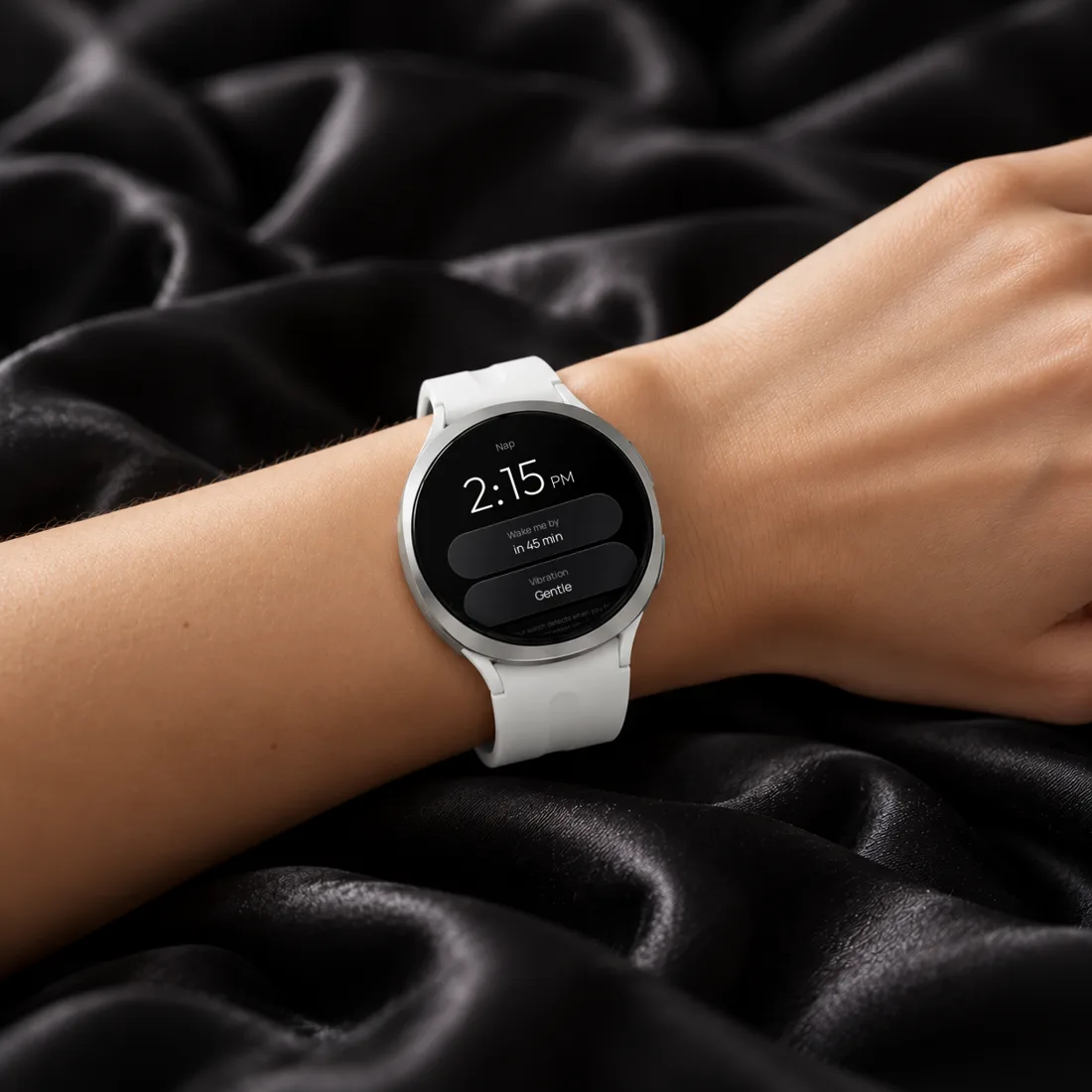 Phasewakeの昼寝画面を表示した手首のGalaxy Watch