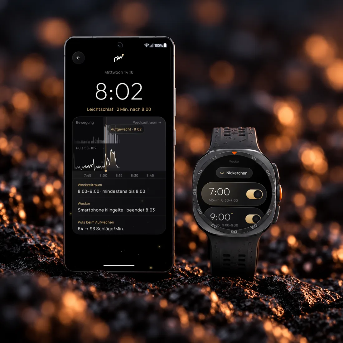 Phasewake auf dem Smartphone mit dem Aufwach-Diagramm von heute Morgen, daneben die Galaxy Watch Ultra mit der Weckerliste